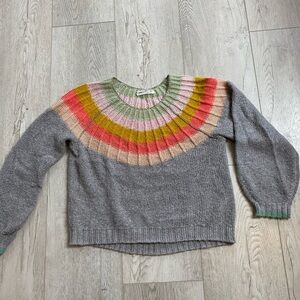 Anthropologie Gray Crewneck Sweater with Multicolor Striped Yoke